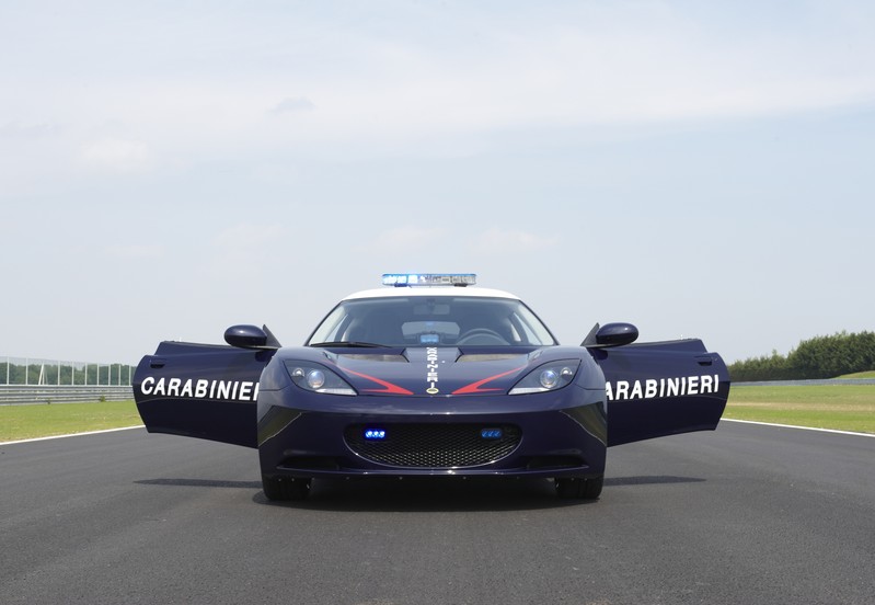 Lotus Evora Carabinieri   front doors open   Test Track Hethel UK.800x 1